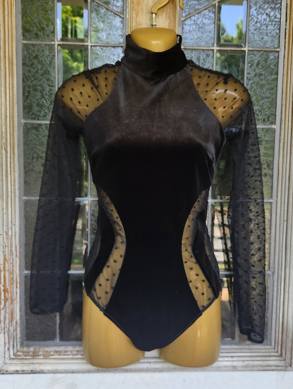Fleur du Mal Black Velvet & Sheer Polka Dot Mock Neck Bodysuit